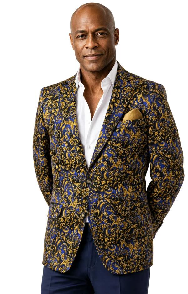 Men's navy and gold baroque print blazer by Claudio Lugli
