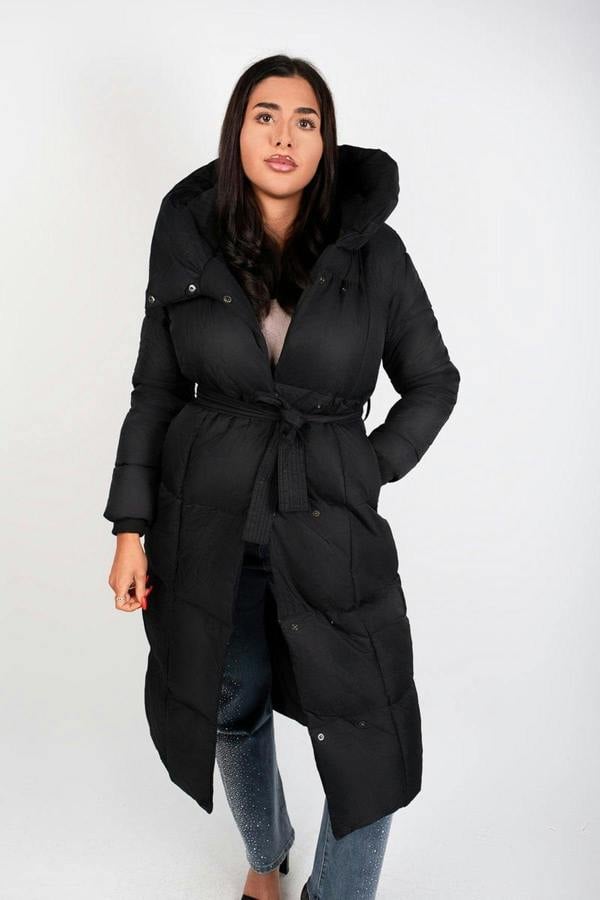 Velina Longline Puffer Coat With Belted Waist - Black