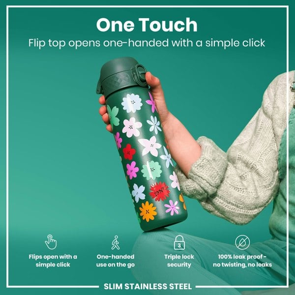 A floral-designed, dark-green, slim stainless steel water bottle is held; its flip top opens with a single click. The context is a teal background.