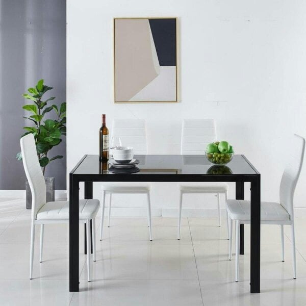 Kosy Koala Modern Black Glass Dining Table Set with 4 White Chairs Kitchen Dining Room Furniture