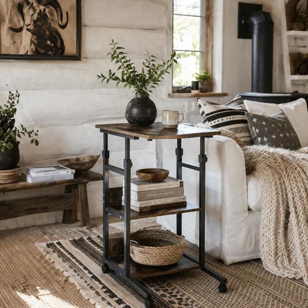 Wyld Haus Comiro Metal Black Industrial Sofa Side Table With 3 Tier Shelves with Lockable Wheels