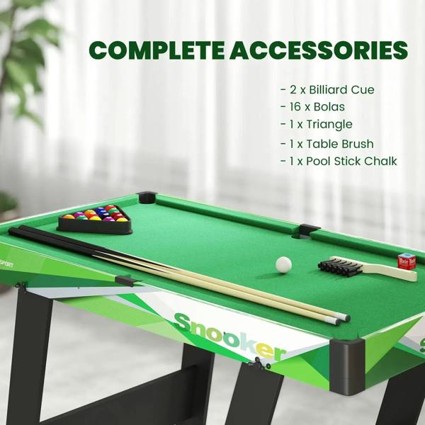 Green mini pool table top with balls, 2 cues, triangle rack, brush and chalk