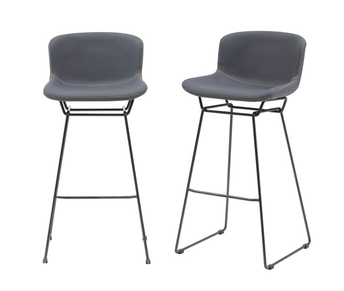 MMT Furniture Designs MMT Bar Stools Set of 2, Grey PU Leather, Sleigh Legs & Retro Style for Breakfast Bar