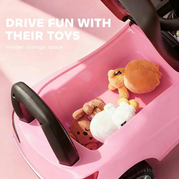 Pink ride-on car with open storage compartment holding plush toys