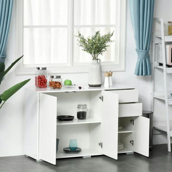 White sideboard cabinet with open compartments and shelves for storage, two drawers and doors