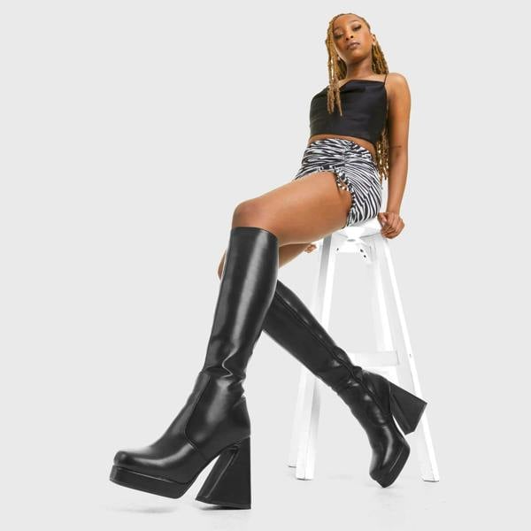 Lamoda Vendetta BlackPU Platform Knee High Boots Bold Comfortable Footwear