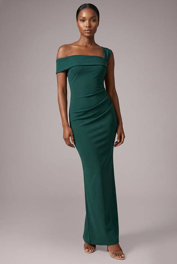 Off The Shoulder Pleated Waist Maxi Dress - Emerald Green DR2594