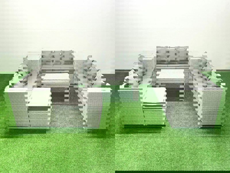 Fimous Rattan Garden Outdoor Furniture Set 10 Seater Garden Sofa Oblong Coffee Table Set with Big Footstool Side Table Light Grey Mixed