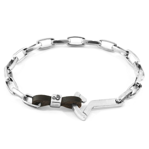 Anchor & Crew Dark Brown Frigate Anchor Silver and Flat Leather Bracelet