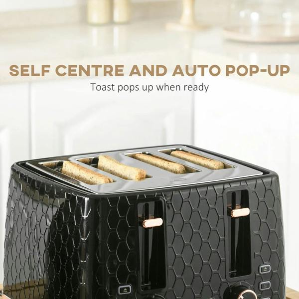 Black four-slice toaster with bread raised on self-centering pop-up and side controls