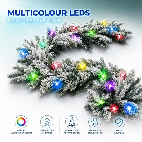 2m Snow Flock Pre-Lit Lapland Fir Christmas Garland with 50 Multicolour LEDs image 4