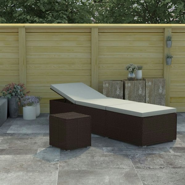 Berkfield Sun Lounger with Cushion and Tea Table Poly Rattan Brown
