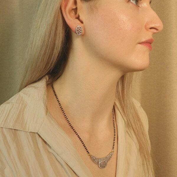 The Colourful Aura Indian Nazaria Silver Zircon Dangle Mangalsutra Black Beads Earring and Pendant Necklace