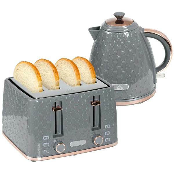 Grey 4-slice toaster and electric kettle set with textured honeycomb design