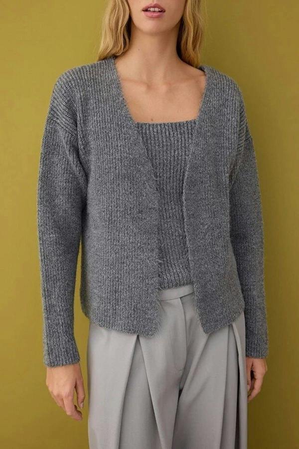 WOVCOR 2-Piece Knit Soft-Textured Blouse-Cardigan Set