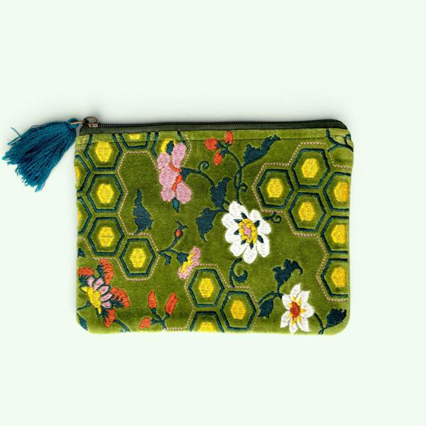 Hayley & Co Embroidered Velvet Mini Pouch | Green Floral
