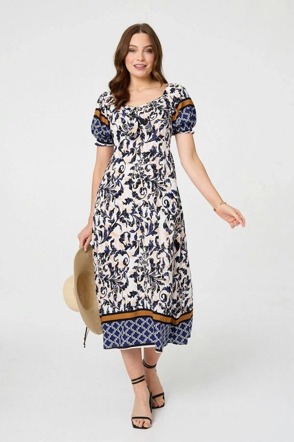 Navy | Floral Border Puff Sleeve Midi Dress