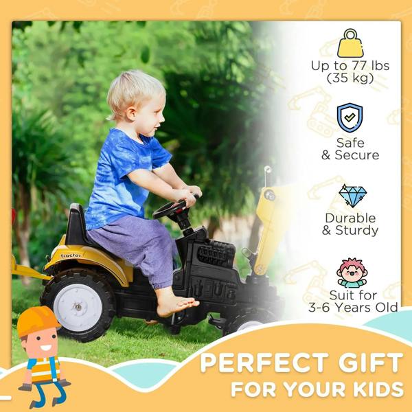 Yellow ride-on construction tractor with child riding on grass