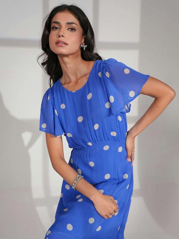 Rose & Nancy Joanna Blue And White Polka Dot Print Frill Sleeve Maxi Dress