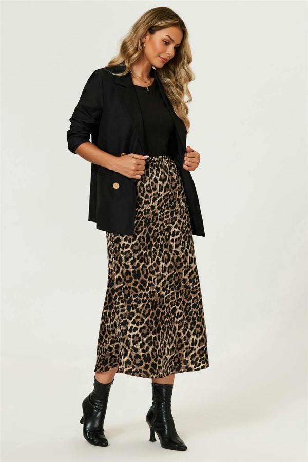FS Collection Leopard Print Satin Midi Skirt In Brown