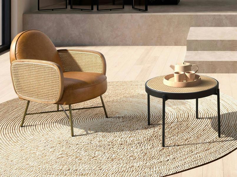 Angel Cerdá Round Coffee Table Rattan, Black Wood and Black Steel 2111