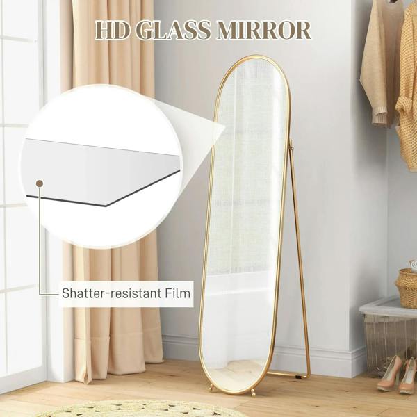 Gold-tone two-way oval full-length mirror with shatter-resistant clear glass.