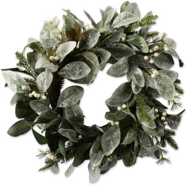55cm Artificial Snowy Leaves, White Berries and Glittered Flowers Christmas Wreath for Door Display image 1