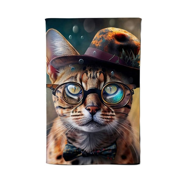Warren Reed Bengal Cat Face With Glasses Splashart Tea Towel