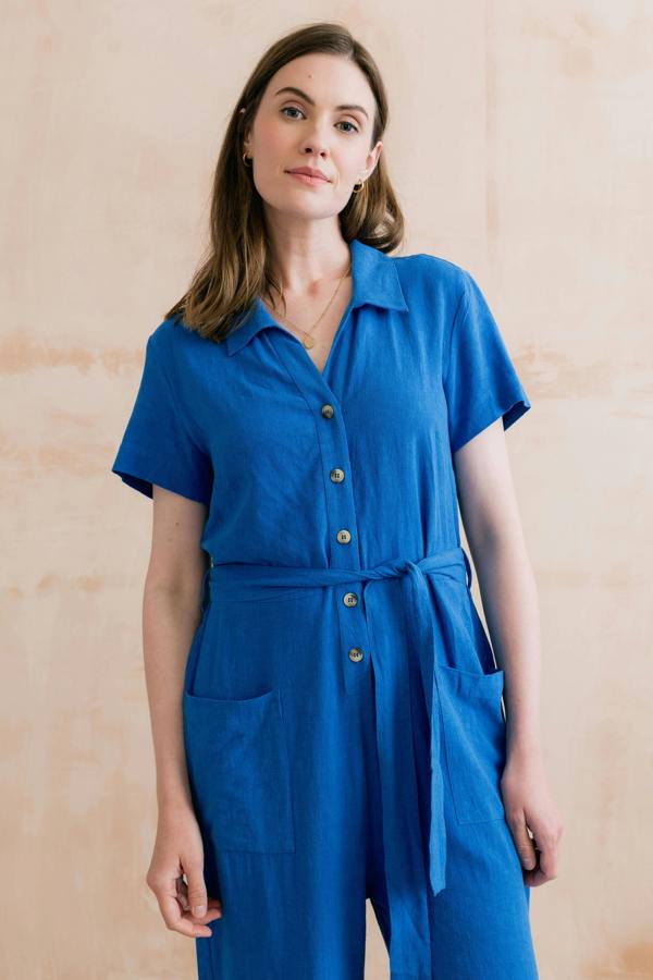 Lily & Me Josie Linen Blend Cropped Jumpsuit Cobalt