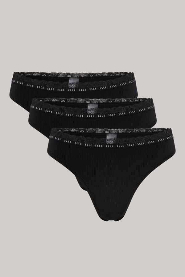 ELLE Multi Pack (3) Synthetic Rib Thongs in Black