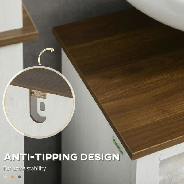 Under-sink cabinet corner with dark-brown top and anti-tipping stability design near hinge