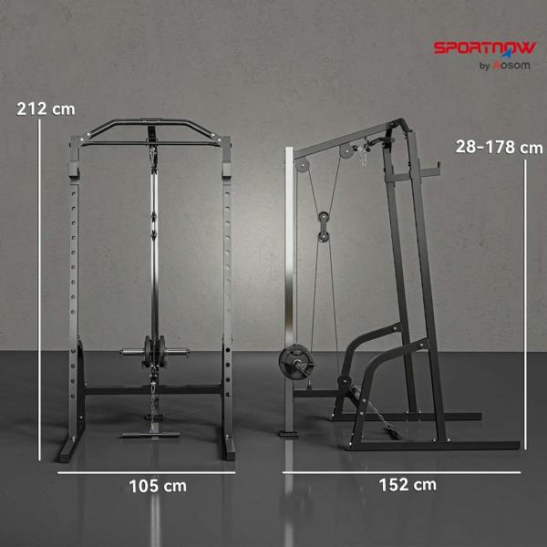 Black power cage frame with cable pulley, squat uprights, and base feet
