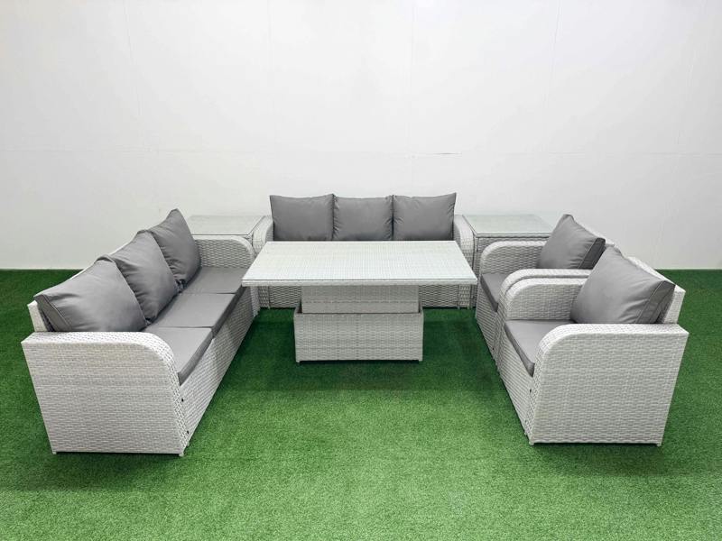 Fimous PE Rattan High Back Lounge Sofa Patio Set, Adj Height Table, 3 Seater Sofa, Reclining Chair and 2 Side Tables, Light Grey