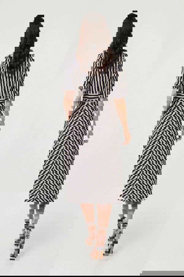 Navy | Striped 1/2 Puff Sleeve Midi Dress