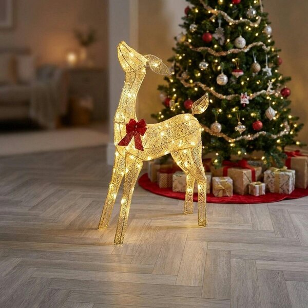 Garden Greatness Twinkling Lit White Fabric Proud Doe with Red Bow