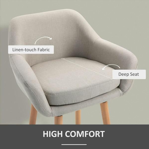 Beige upholstered bar stool with linen-touch fabric look, padded deep seat, and light wood legs