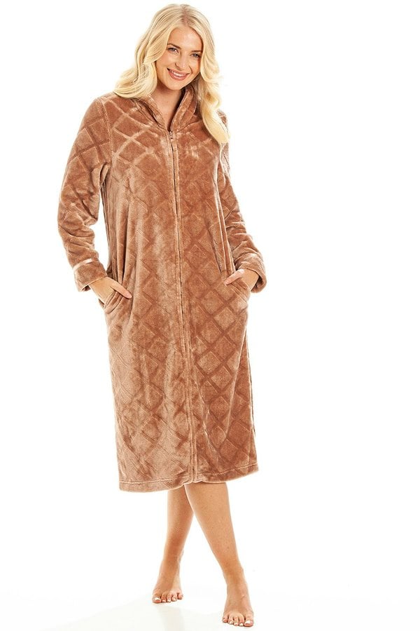 Camille Womens Brown Classic Full Length Zip Through Housecoat With Inseam Pockets