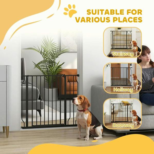 Black pressure-mounted dog safety gate with vertical bars, shown for multiple areas