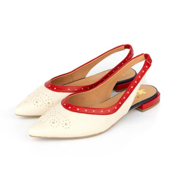 Embassy London Holly Brogue - Cream & Red & Blue - Women's Leather Flat Slingback