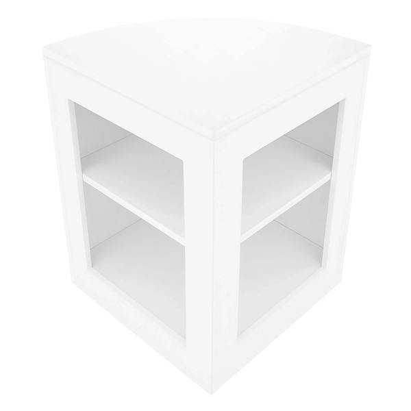 Sleek white LED shop counter set with a modern design, featuring a triangular shape and two open shelves for display storage