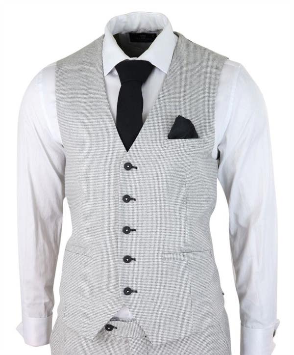 House of Cavani Mens 3 Piece Light Grey Check Tweed Retro Classic Suit