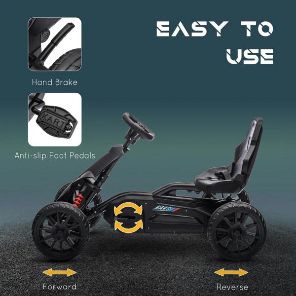 Black kids pedal go kart with hand brake lever and anti-slip foot pedals