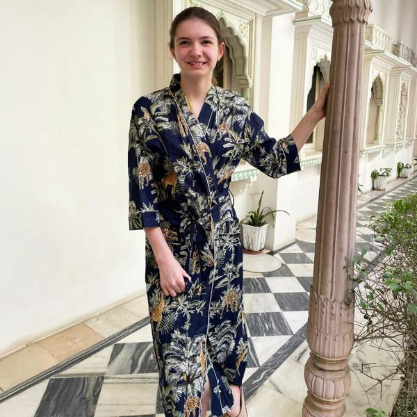 Hayley & Co Giraffe Print 100% Cotton Dressing Gown in Dark Blue