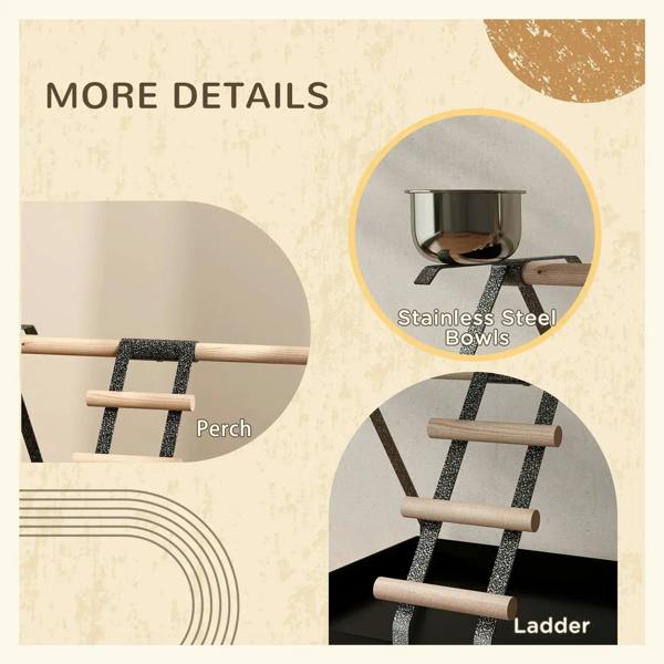 Black bird stand details: wood perch and ladder with stainless-steel bowls