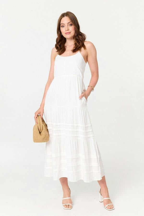 White | Cami Strap Tiered Midi Dress
