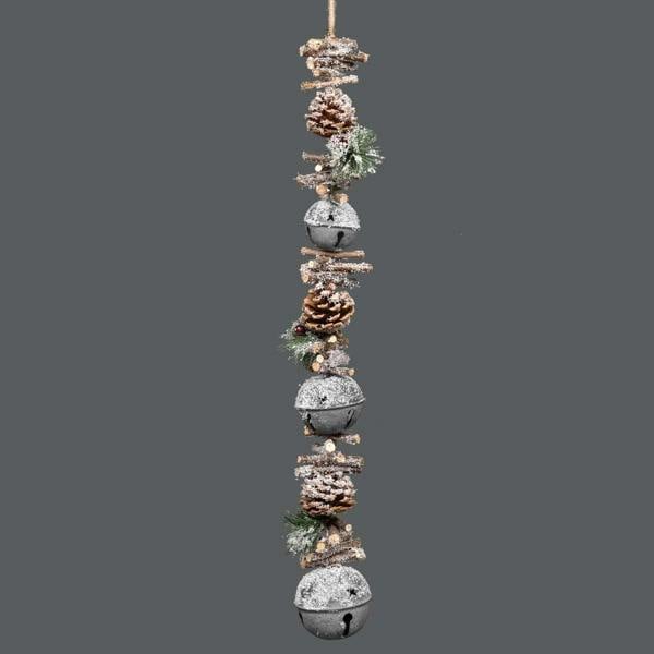 90cm Silver Christmas Hanging Decoration with Jingle Bells, Wooden Sticks, Pinecones and Berries image 4