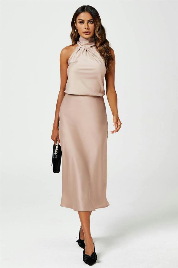 FS Collection Satin Halter Neck Tie Back Top In Light Brown