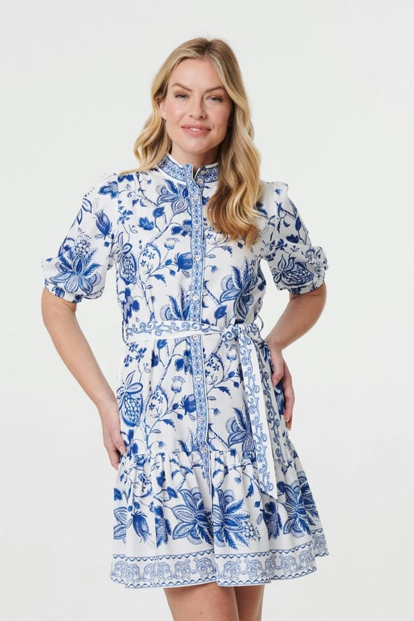 Blue | Printed Tie Waist 1/2 Sleeve Short Dress
