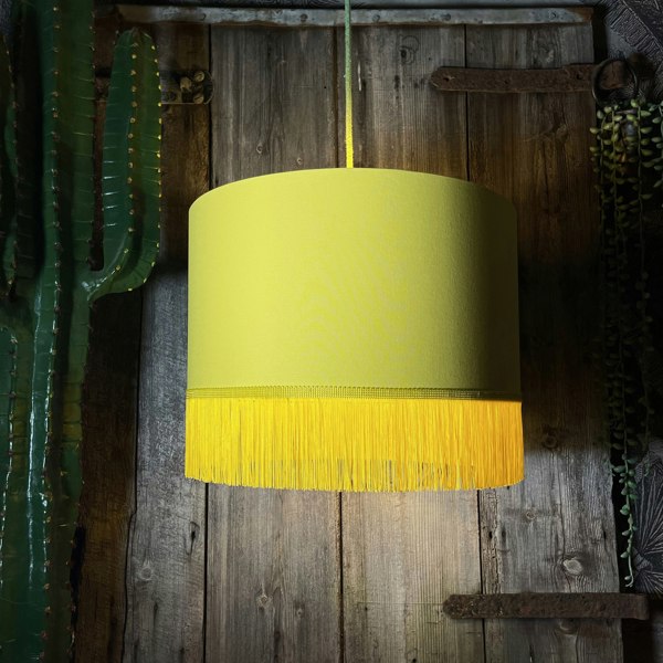 Love Frankie banana cotton lampshade gold lining and fringing light on