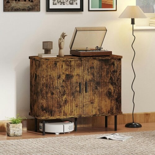 HOMCOM Sideboard Storage Cabinet with Slatted Tambour Sliding Doors Grey - Rustic brown - Melamine - Sideboard